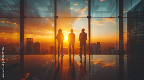 Three people standing in front of a building with a sunset in the background
