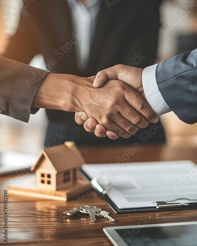 A real estate agent and customer are shaking hands over house documents on a table with keys. photo