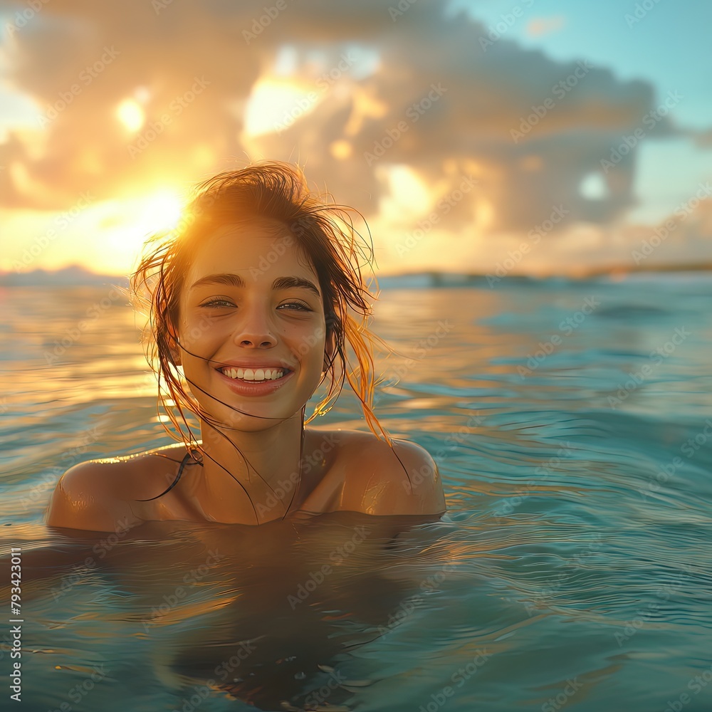 Woman Smiling in Ocean at Sunset