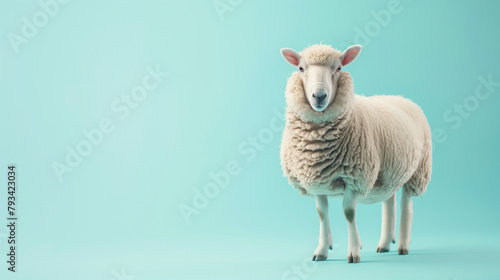 A white sheep stands in front of a blue background with empty copy space for text. Can be use for celebrating sacrifice feast. Kurban Bayramı. Happy Eid al-Adha, eid mubarak