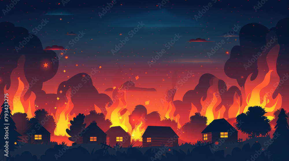 An animated image of a fiery forest disaster engulfing houses at night under a starry sky.