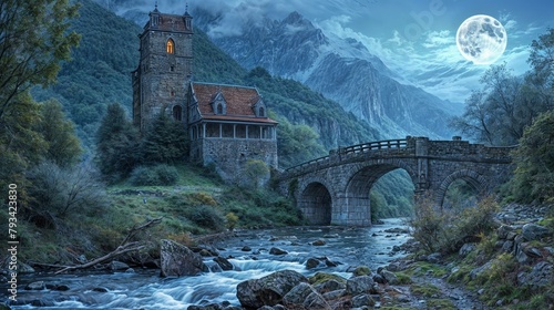 Beautiful mountain landscape with old stone bridge over river at night.