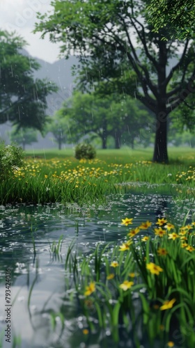a small nature water pond created by the rain in the lush green forest in summer, rain background