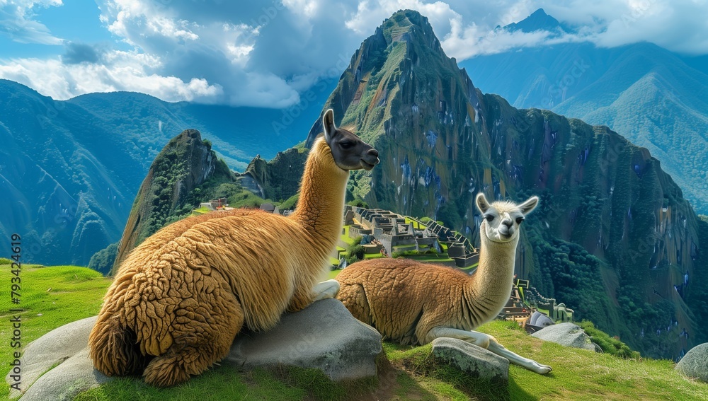 Obraz premium Llama alpaca with colorful traditional cloth on its back standing against the mountains wearing Peruvian national . Illustrations of a llama and scarf in the background. Banner for text space.