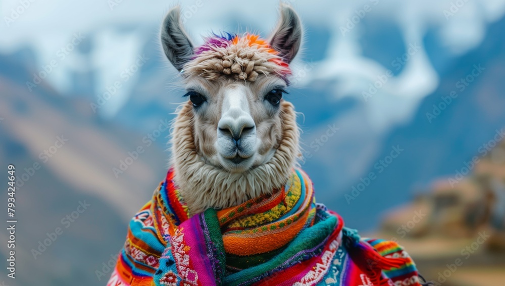 Llama alpaca with colorful traditional cloth on its back standing against the mountains wearing Peruvian national . Illustrations of a llama and scarf in the background. Banner for text space.