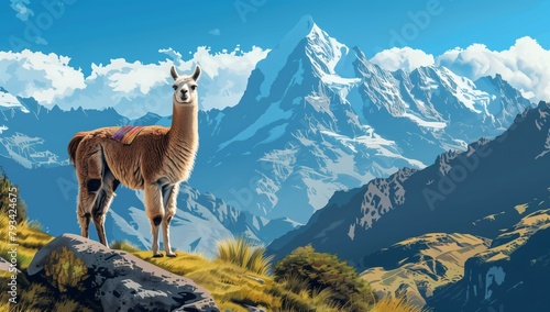 Llama alpaca with colorful traditional cloth on its back standing against the mountains wearing Peruvian national . Illustrations of a llama and scarf in the background. Banner for text space. © Anastasia Knyazeva