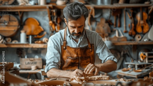 A middleaged male carpenter is carving wood with tools in his workshop, surrounded by various wooden instruments and materials on the workbench. He has dark hair and beard  focused working. photo