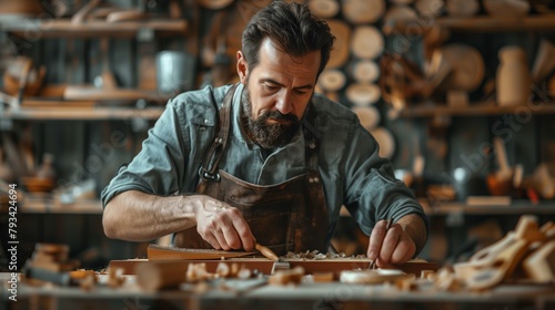 A middleaged male carpenter is carving wood with tools in his workshop, surrounded by various wooden instruments and materials on the workbench. He has dark hair and beard focused working.