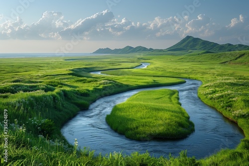 Sweeping river through a lush green landscape - A breathtaking landscape of a meandering river flowing through vibrant green hills under a clear blue sky