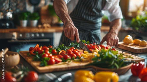 Chef prepping colorful vegetables - A chef expertly slices and dices an array of vibrant vegetables on a wooden cutting board