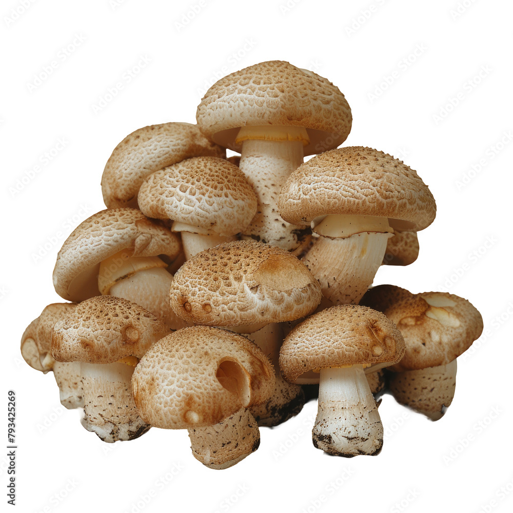 A pile of small earthy mushrooms set against a clear studio backdrop A pile of small earthy mushrooms set against a clear studio backdrop