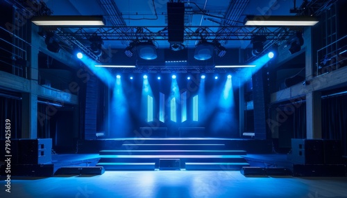 Professional stage with blue lighting setup - A professional stage is set with an impressive blue lighting rig, awaiting performance with an air of anticipation and high-quality production values photo