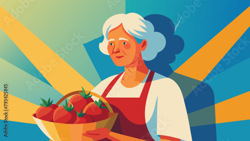 A ray of sunshine dances across the senior womans face as she carefully harvests a basketful of vibrant red peppers from her beloved garden a
