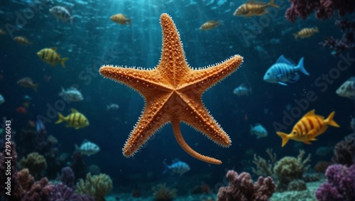 starfish in the water,The fantasy underwater starfish  on the theme of World Oceans Day