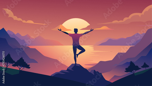 With their arms stretched out to the sides a man performs a tree pose on a sandy outcrop at the top of a mountain. As the sun sets behind them