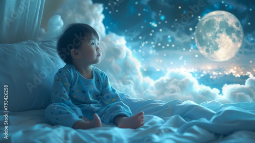 Toddler mesmerized by a dream-like night sky - A toddler in pajamas captivated by the surreal beauty of a night sky filled with clouds and a full moon
