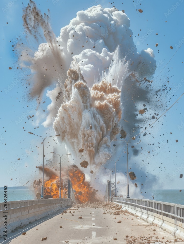 Volcanic eruption damaging a road infrastructure A violent volcanic