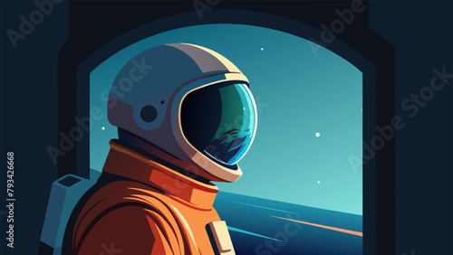 A solitary astronaut is shown gazing out into the void of space with Earth ly visible in the background. The focus of this illustration is on