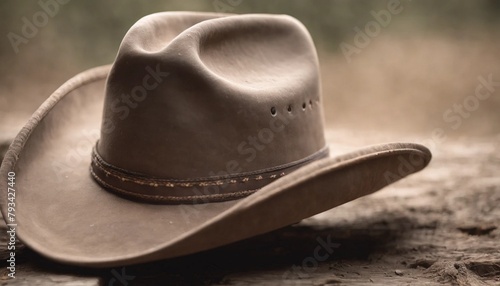 Cowboy hat on a wooden table in the countryside. Selective focus.