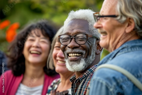 Group of diverse senior friends laughing and having fun together at a park