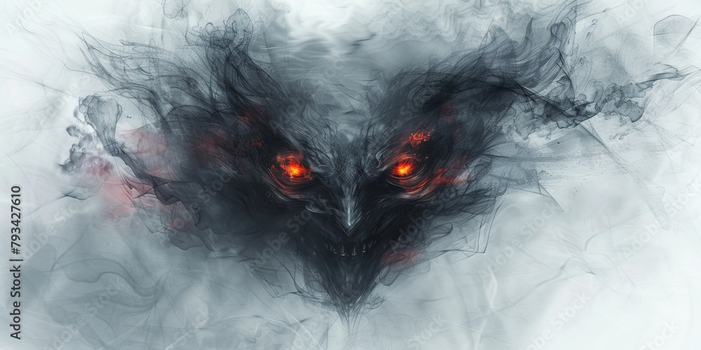Vengeful Spirit: The Dark Aura and Malevolent Gaze - Imagine a dark aura surrounding a ghost with a malevolent gaze, illustrating the vengeful nature of a spirit - obrazy, fototapety, plakaty 