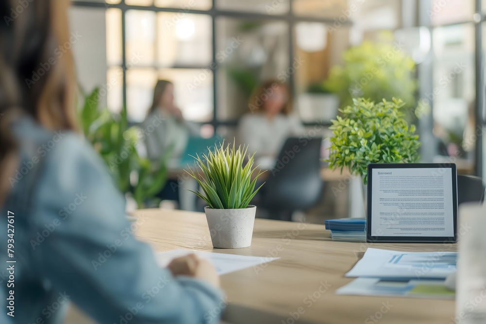 A woman meticulously working at her desk in a well-lit, plant-adorned office, symbolizing focus and dedication at work A woman meticulously working at her desk in a well-lit, plant-adorned office, symbolizing focus and dedication at work