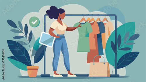 A woman browsing through an online store dedicated to ecofriendly and ethicallymade clothing making sure every item she adds to her cart is made