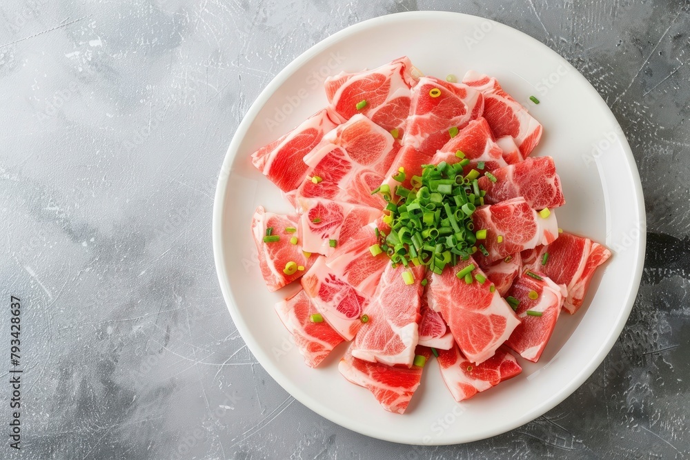 Sliced belly pork for shabu or Japanese hot pot in white plate on grey background - generative ai