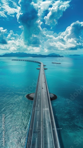 aerial view of a long motorway road bridge over the sea