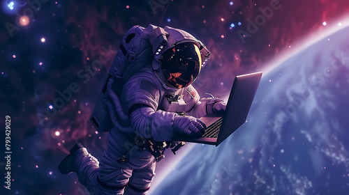 an astronaut flying in the galaxy and bring a laptop