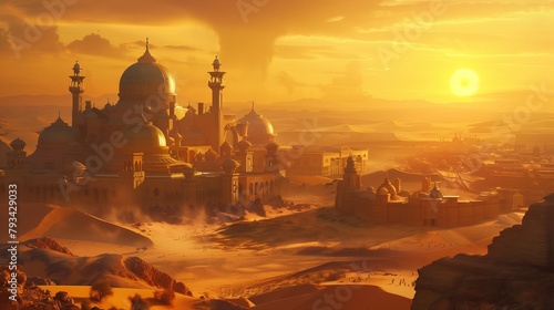 Desert outpost with domed buildings shimmering under a blazing sun photo