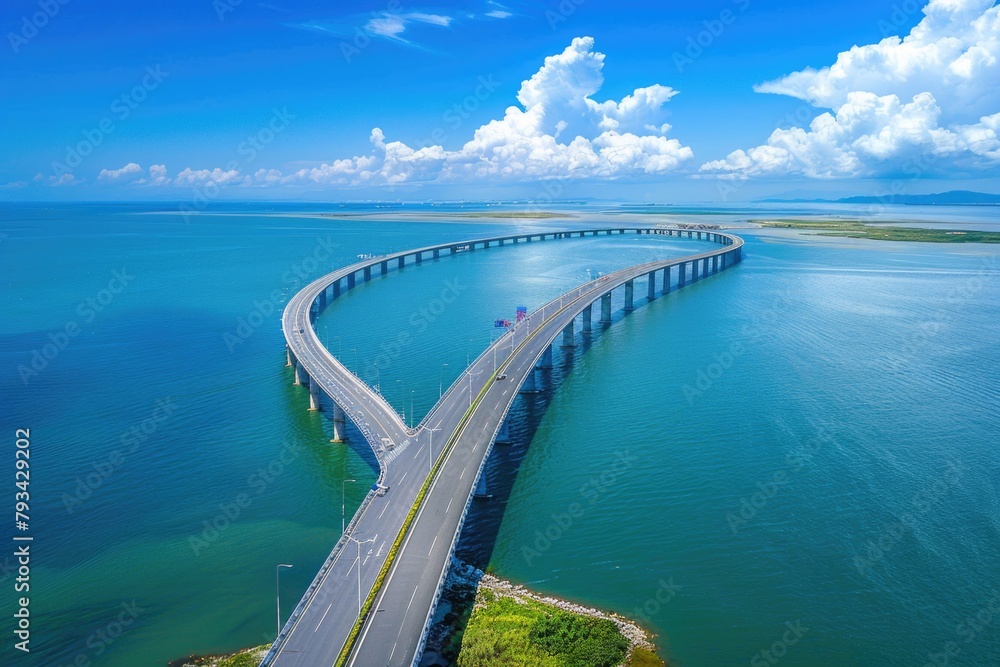 aerial view of a long motorway road bridge over the sea
