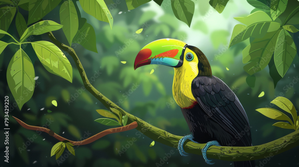 Fototapeta premium Digital illustration of a vibrant toucan perched on a tree branch surrounded by lush green foliage.