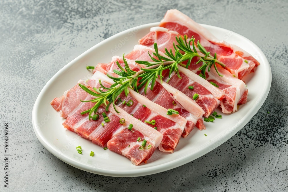 Sliced belly pork for shabu or Japanese hot pot in white plate on grey background - generative ai