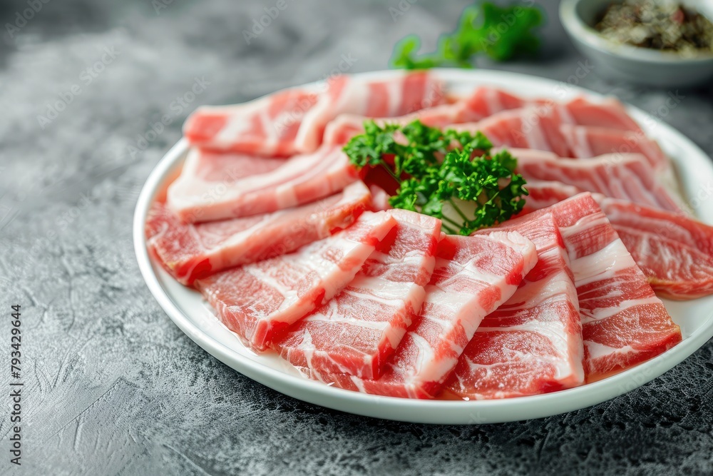 Sliced belly pork for shabu or Japanese hot pot in white plate on grey background - generative ai