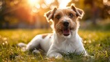 Happy dog lounging in sunlit grass - An adorable brown and white dog looks content as it lounges in the sun-drenched grass, evoking feelings of joy and comfort