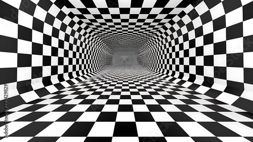 a black and white checkered tunnel with a white wall in the foreground