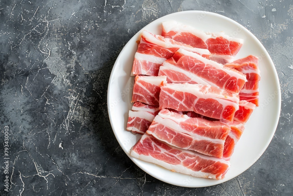 Sliced belly pork for shabu or Japanese hot pot in white plate on grey background - generative ai Sliced belly pork for shabu or Japanese hot pot in white plate on grey background - generative ai