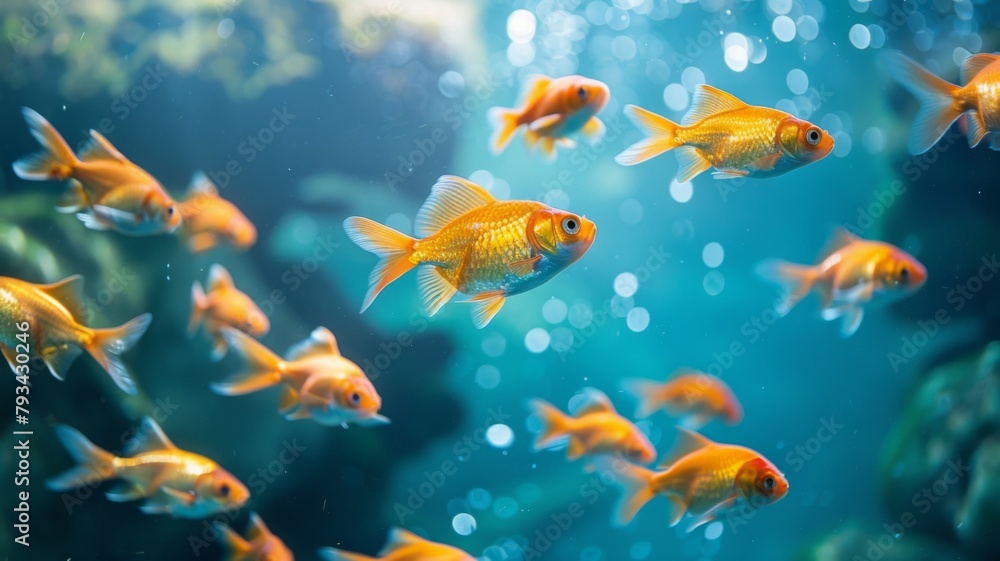 School of vibrant goldfish underwater - Bright goldfish swim together in clear blue waters, full of life and color beneath the surface