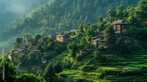 Tranquil village nestled in a lush valley surrounded by rolling hills