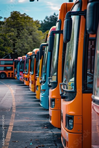 passenger public transport tourist bus vehicles parked in a row on road