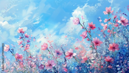 Blooming pink flowers under blue skies - Digital art of pink flowers in full bloom with a whimsical blue sky background, representing spring