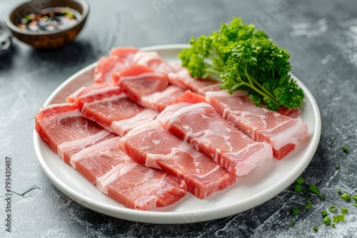 Sliced belly pork for shabu or Japanese hot pot in white plate on grey background - generative ai