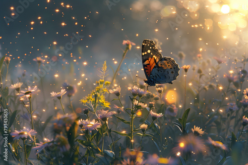 A beautiful butterfly in a field of flowers with a magical atmosphere. photo