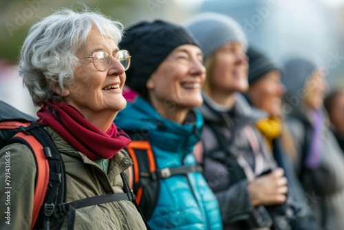 Portrait of smiling senior woman with group of friends walking in city