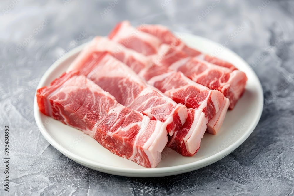Sliced belly pork for shabu or Japanese hot pot in white plate on grey background - generative ai Sliced belly pork for shabu or Japanese hot pot in white plate on grey background - generative ai