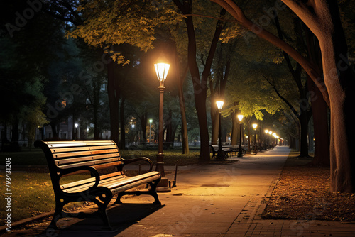 A park bench is lit up at night, with a street lamp nearby