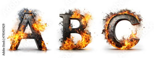 Letters A, B, C. Realistic Black Fire Alphabet: Letters Isolated on White Background