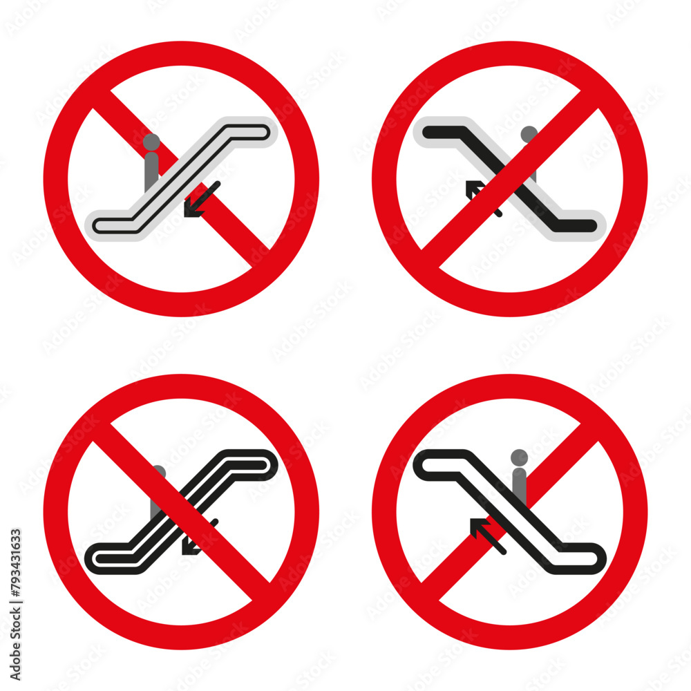 Escalator safety icons. No strollers symbol. Child caution sign. Vector illustration. EPS 10. Escalator safety icons. No strollers symbol. Child caution sign. Vector illustration. EPS 10.
