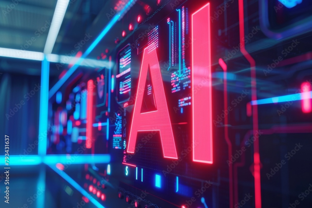 Obraz premium An abstract representation of Artificial Intelligence (AI) with a bright neon AI sign amidst an advanced technological setup